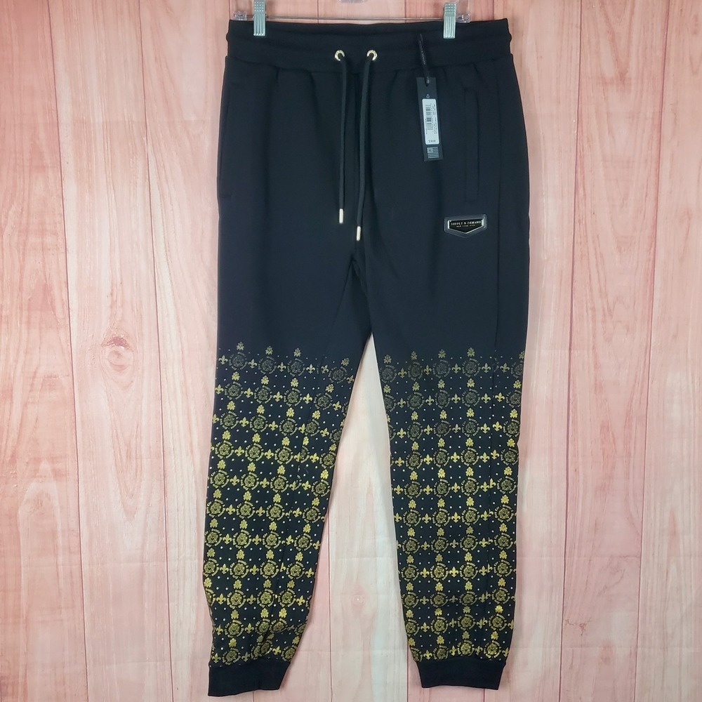 Supply & Demand‎ Jogger Pants Mens XL Black Royalty Monogram Print Fleece Lined
